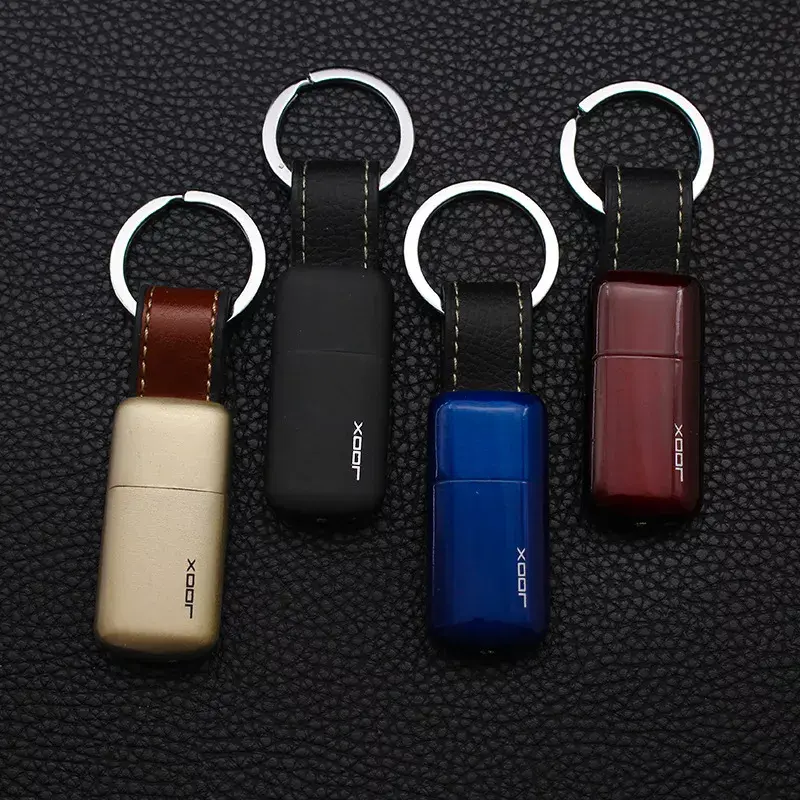 Mini keychain lighters in gold black blue and maroon with leather loops