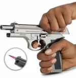 Close-up of detailed 9mm pistol lighter grip and slide mechanism