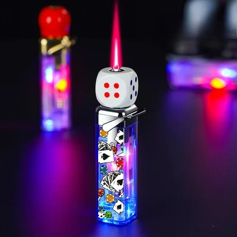 360 Rotating Dice Head LED Jet Flame Lighter Close-up of white dice head on the LED jet flame lighter producing red torch flame