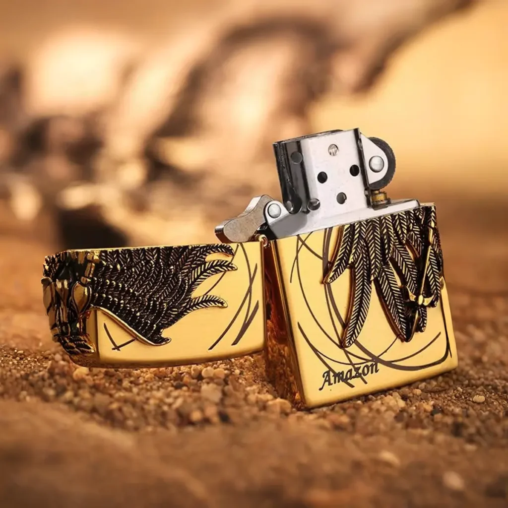 Side view of metal 3D Guardian Angel Zippo lighter with hinge
