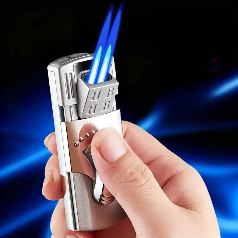 Windproof Metal Lighter with Double Flame-lighters.pk- Horizon Jet Flame Lighter held in hand showing dual blue torch flames