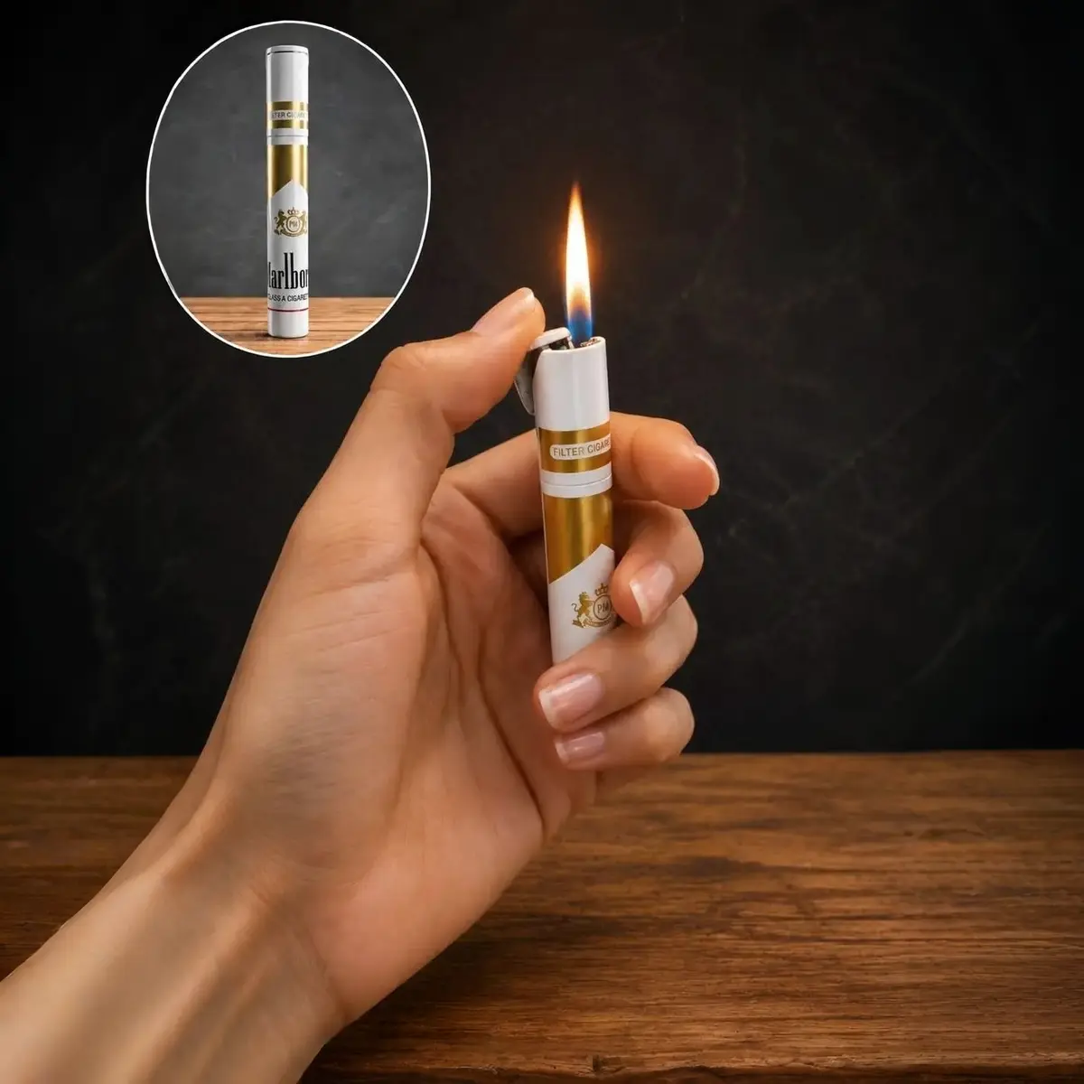 cigarette shape marlboro lighter -lighters.pk- Open flame coming from the Marlboro Cigarette Shape Lighter