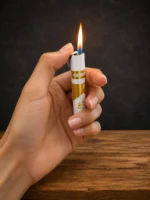 Hand holding Marlboro Cigarette Shape Lighter with flame lit
