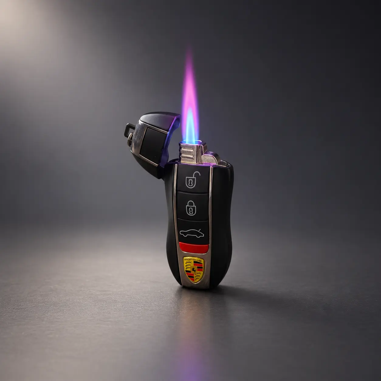 porsche keychain ltr Car Key Shape Jet Flame Lighter showing realistic car key design