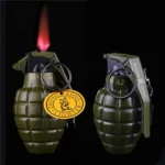 Close-up of the green bomb shaped lighter with military finish